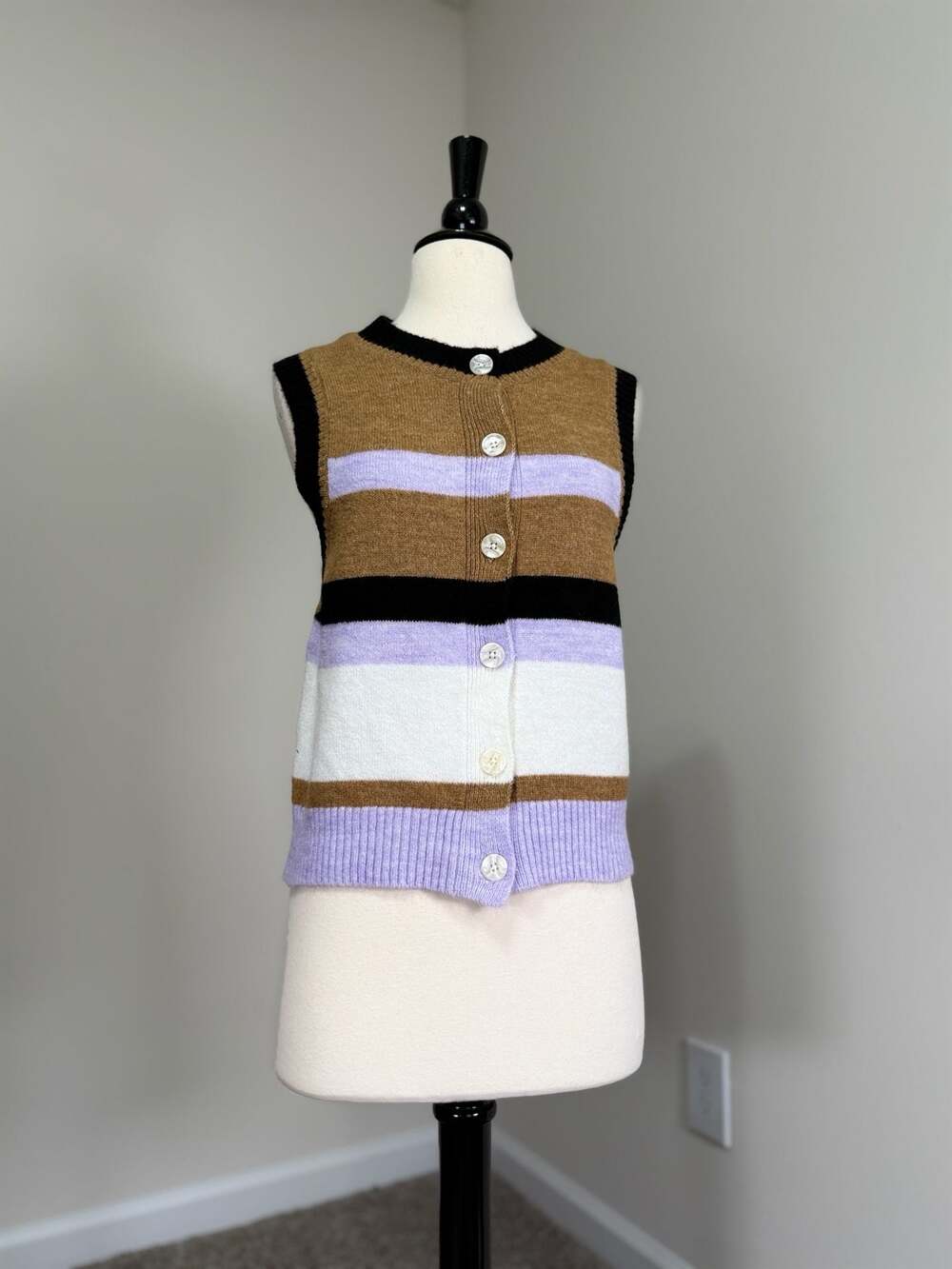 Maeve Anthropologie Striped Sweater Vest Cardigan Lilac Camel Preppy Knit Top M